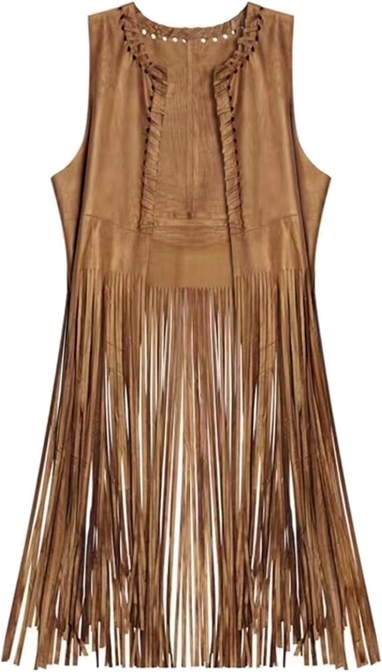 BJU Women's Fringe Vest 70s Hippie Costume Faux Suede Sleeveless Tassel Long Cardigan Jacket Cowgirl Western Tops Halloween - Image 1